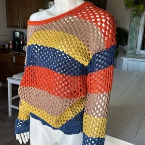 Handmade vintage crocheted, crewneck, fishnet, bomber, orange, tan, yellow, blue